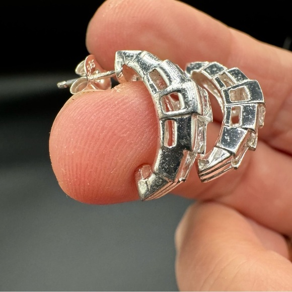 Sparkly Rhodium Plated CZ Half Hoop Huggie Earrings - Pierced - Picture 7 of 12